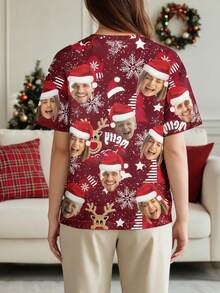 1 buah Kaos Lengan Pendek Leher Bulat Unisex Kustom Multi-Foto Warna Burgundy Motif Rusa Kutub dan Kepingan Salju, Hadiah Natal - MultiWarna - View 4