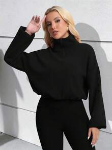 Women's Half-Zip Fleece Sweatshirt Solid Color Long Sleeve Pullover - Black - View 2