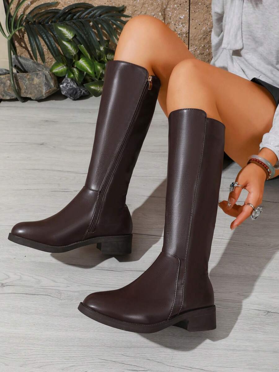 Women's New Flat Tall Boots Round Toe Low Heel Riding Boots With Back Zipper - Brown - View 1