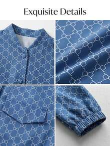 Women's Patterned Woven Fabric Jacket, Baseball Collar Long Sleeve Regular Fit, Button Decor, Casual Wear - Blue - View 3