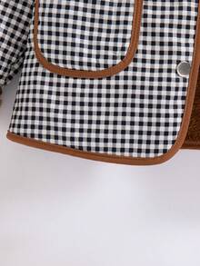 Girls' Casual Fashion Plaid Round Neck Snap Button Design Thermal Lined Thick Jacket, Autumn/Winter - Coffee Brown - View 8