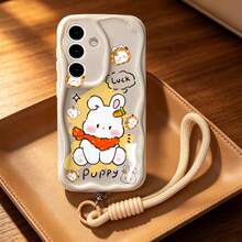 1 pieza Correa de mano + Funda protectora anti-caída con diseño de conejo y patrón de onda asimétrica en crema, compatible con Galaxy S26/S24/S25/S23/S26Ultra/S26 Plus/A57/A37/A17/A07/ Note13Pro/ A3X/ Y21, serie de fundas para teléfono, versátil y unisex - Blanco - Ver 1