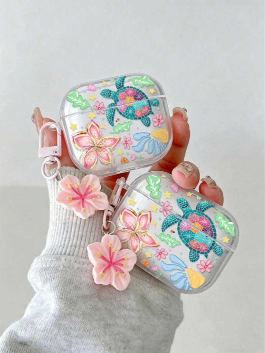 Flower Turtle Painted Transparent Additional Bracelet Fashion Bluetooth Headset Case For Painted Transparent Fashion Bluetooth Headset Case For S4 Protective Case Apple Wireless Bluetooth Headset Shell Glossy Pro2 All-Inclusive Pods31/2/3 Generation Protective Case Pro Anti-Drop Soft Shell - Multicolor - View 1