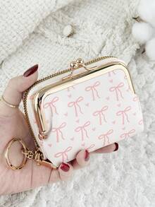 Fashionable Bow Print Zipper Credit Card Holder With Chain Keychain, Multi-Compartment Design, Suitable For Travel - White - View 12