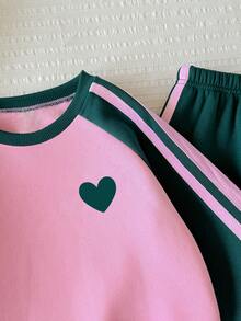Young Girl Heart Pattern Print Color Block Crew Neck Long Sleeve Top And Pants - Dark Green - View 5