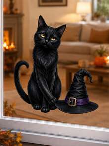 1pc Halloween Black Cat & Witch Hat Window Sticker, Self-Adhesive Peel And Stick PVC Window Decal, Waterproof Removable Glass Door Decor For Living Room Bedroom Kitchen Kids Room & Halloween Party Home Decoration - Multicolor 2 - View 8