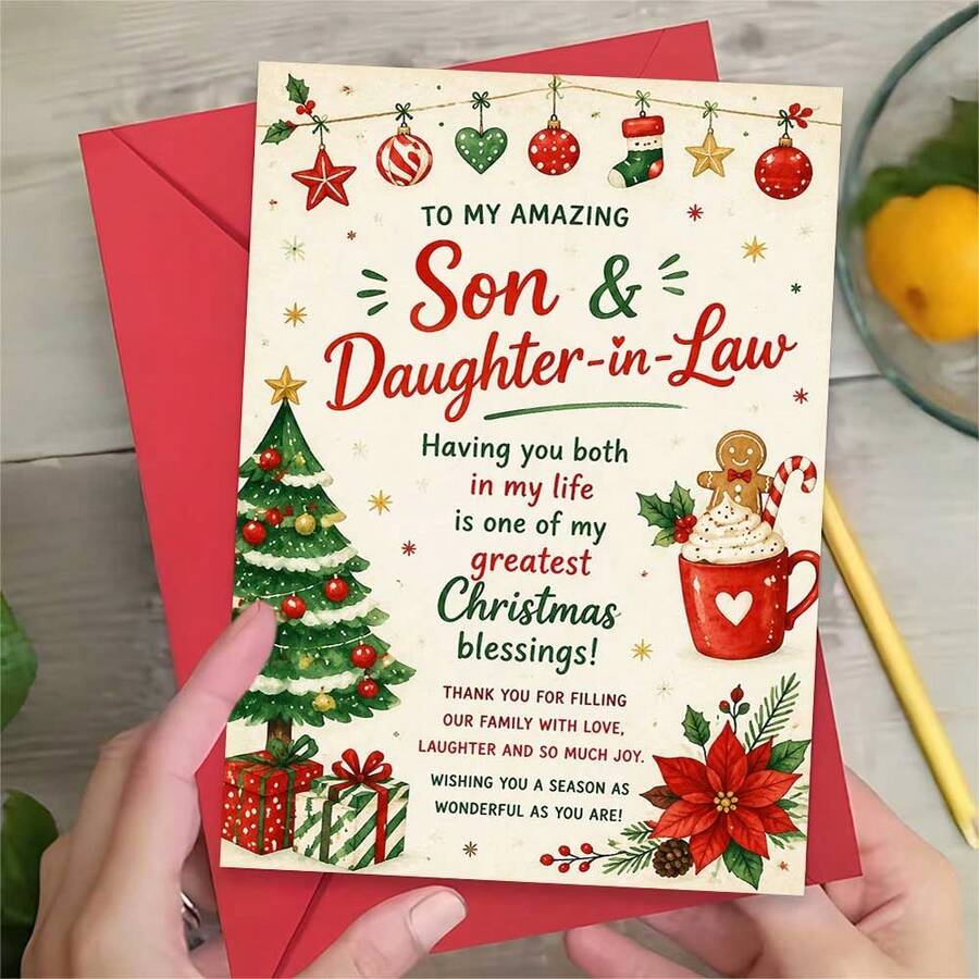 1 Greeting Card + 1 Envelope Warm Festive Christmas Greeting Card, Decorated Tree And Cocoa Mug To My Amazing Son And Daughter In Law, Holiday Season Watercolor Style Elegant Card.