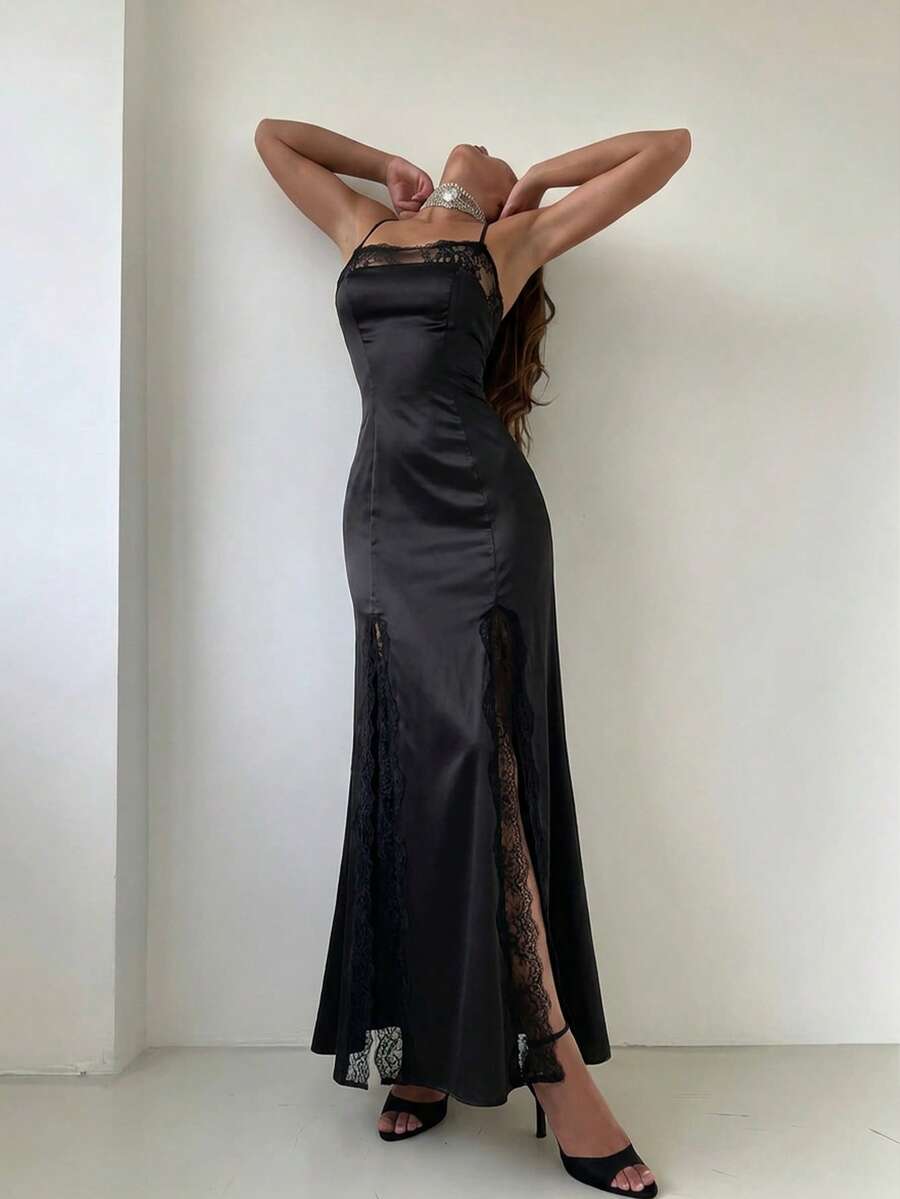 Women's Summer Solid Color Satin Lace Patchwork Sexy Elegant Minimalist Fashion Double Slit Halter Tie Dress Black - Black - View 1