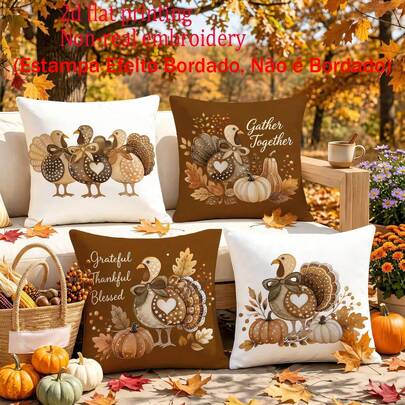 4pcs Autumn Thanksgiving Turkey Pumpkin Pillow Covers, Vintage Maple Leaf Thanksgiving Text Print Pattern, Single-Sided 2D Flat Printing, Non-3D Real Embroidery, 45x45cm (18x18in), Soft Comfortable Polyester Cushion Covers, Zipper Closure Machine Washable, Suitable For Living Room Bedroom Home Decor (Pillow Covers Only, Pillow Insert Not Included)