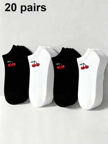 1/10/20 Pairs Women's Cherry Black & White Low Cut Socks, Comfortable Soft Breathable Daily Socks, Suitable For Daily Wear, Outdoor Activities, Back To School Season - Black and White - View 6