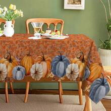 1pc Fall Blue White Pumpkin Floral Border Waterproof Tablecloth, Soft Rustic Autumn Small Flower Rectangular Table Cover, Farmhouse Thanksgiving Home Decor - Coral Orange - View 5