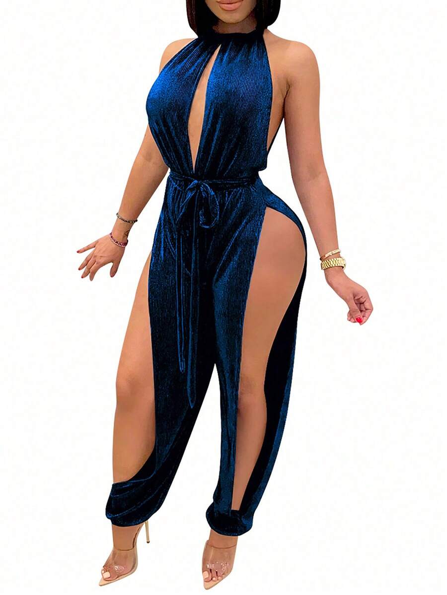 PORRCEY Sexy Jumpsuits For Women Halter Sleeveless Party Outfits Hight Split Velvet Pants Hollowing Out Romper Valentine's - 藍色 - 查看 1