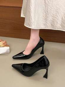 Black Glossy Pointed Toe Wine Glass Heel High Heel Pumps Women Low Vamp Commute Elegant Versatile Shoes - Black - View 5
