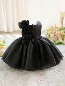 Baby Girls Round Neck 3D Flower Solid Color Organza Cute Birthday Party Puff Princess Dress Suitable For Holidays, Headband Not Included - Black - View 7