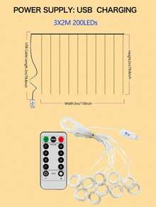 [Warm White Curtain Light] 1pc 300 LED Curtain Light - Warm White, 9.8ft X 9.8ft, USB Powered, 8 Modes, Satin Finish - Perfect For Weddings, Parties, Christmas & Halloween Decorations - USB Curtain Lights - View 9