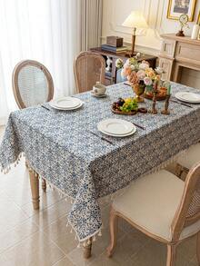 MineLain 1pc Bohemian Vintage Blue And White Porcelain Floral Tassel Tablecloth, Rectangular Tablecloth, Round Table, Coffee Table, Bedside Cabinet, Small Square Table Cover, Washable, Suitable For Home Living Room, Kitchen, Dinner Party, Holiday Party, Garden, Tea Party, Outdoor Picnic Decoration, All Seasons, Autumn Decor - Multicolor - View 27