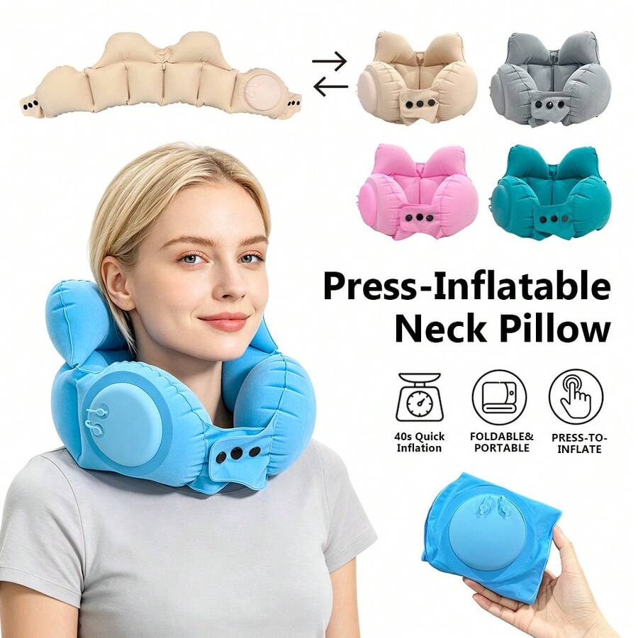 1pc Press-To-Inflate Crown-Shaped Neck Pillow, Portable U-Shaped Support Pillow For Travel, High-Speed Train, Airplane, Long-Distance Trips, Nap, Neck Pressure Relief Inflatable Travel Pillow