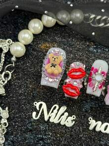 10pcs Handmade Fully Covered Square Nails Press On Nails,Hot Pink Tie Dye,Cute Y2K Sweet Girly Fake Nails,Reusable False Nails Set,Suitable For Party,Dance,Daily Wear, With Jelly Glue And Nail File,Lovely Kawaii Nail Art For Teen Girls Women - Hot Pink - View 6