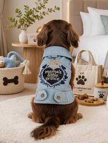 PETCIRCLE 1件寵物衣服 小狗幼犬貓咪可愛寵物秋冬款 個性品牌風刺繡圖案翻領設計愛心皇冠外套 - 藍色 - 查看 1