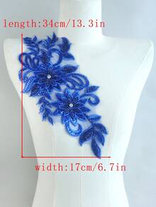 Aplikasi Bordir 3D Warna-warni dengan Manik-manik dan Rhinestones, Aksesori Gaun Pengantin, Patch Bordir Kostum Pertunjukan DIY dari Renda Jala, Panjang: 31CM/Lebar: 16CM - safir - View 7