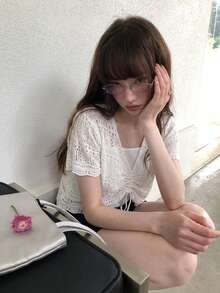 YCYC 韓式鏤空抽繩V領女款針織上衣 - 白色 - 查看 1