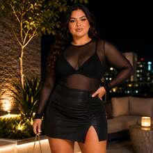 Blusa Feminina Tule Plus Size Blusinha Transparente Confortável e Elegante para Sair Noite Balada Eventos Shows e Festival Manga Longa Transparente em Tela - Preto - Visão 6