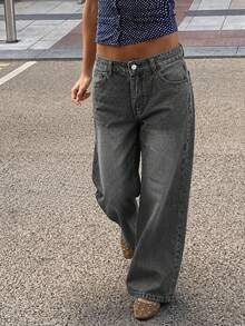 Women's Casual Extra Long Wide Leg Denim Jeans, With Zipper And Pockets, Non-Stretch, Y2K Retro Style - Grey - View 2