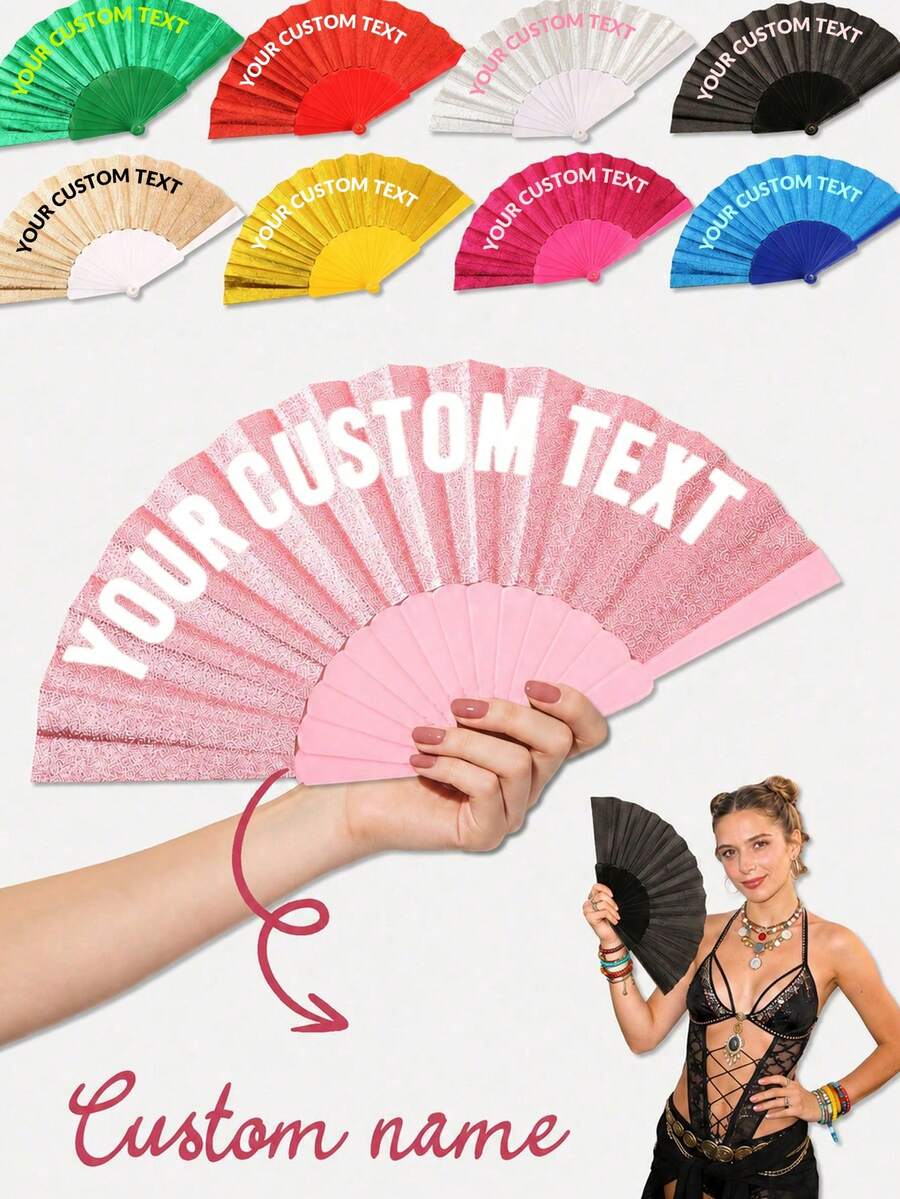 Personalized Handheld Folding Fan, Shiny Fabric Personalized Folding Fan, Fun Accessory For Birthday Parties And Bachelorette Parties - Multicolor - View 1