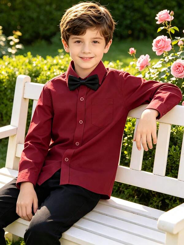 6-16 Years Old Boys' Long Sleeve Dress Shirt, Wedding Formal Shirt, Party Shirt With Pocket And Tie, Burgundy