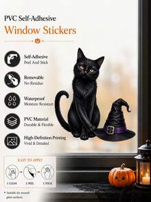 1pc Halloween Black Cat & Witch Hat Window Sticker, Self-Adhesive Peel And Stick PVC Window Decal, Waterproof Removable Glass Door Decor For Living Room Bedroom Kitchen Kids Room & Halloween Party Home Decoration - Multicolor 2 - View 3