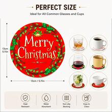 4入 5英吋聖誕主題圓形杯墊，Merry Christmas 文字款，紅綠色節日桌面裝飾墊，咖啡茶杯墊，居家餐桌餐具 - 彩色 - 查看 5