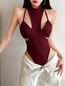 YeonC Women's Sleeveless Round Neck Asymmetric Cutout Jumpsuit, High Elastic Polyester Black Backless Bodycon Style, Suitable For Party - Burgundy - View 4