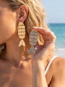 1 Pair Gold Fish Bone Shaped Pendant Earrings, Elegant And Exquisite, Suitable For Women To Wear On Daily, Beach Vacation, Party And Banquet - Yellow Gold - View 6