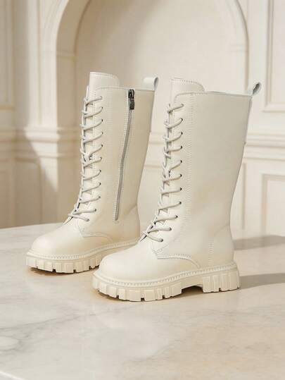 New Beige Tall Boots For Middle And Older Girls, Matte Upper With Lace-Up And Side Zipper, British Style High-Top Girls' Shoes With Round Toe, Anti-Collision Thick Sole Height Increase, Autumn Footwear For Daily School Life, Parties, Outings, Shopping, Gatherings, Fresh Versatile Girly Student Boots