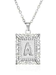 1pc Square Capital Letter Necklace, Hollow Pendant Necklace Jewelry Accessory - Silver - View 6