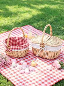 1 Pc Natural Wicker Picnic Basket - With Double Lids And Removable Linen Lining - Double Openings Design, Suitable For Camping, BBQ, Shopping, Home Storage, Home Decor, Fruit/Vegetable Storage - Decorative Edging Trim, Picnic Accessories - Multicolor - View 1
