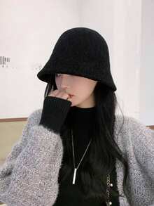 1pc Women's Chenille Knit Bucket Hat, Casual Minimalist Design, Suitable For Daily Wear, Autumn/Winter Outfits, Holidays And Festivals - Black - View 1