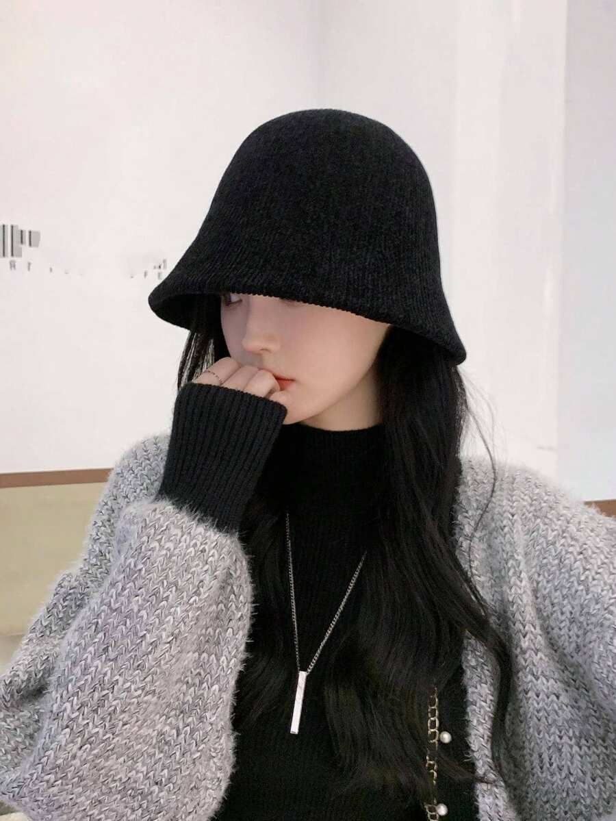 1pc Women's Chenille Knit Bucket Hat, Casual Minimalist Design, Suitable For Daily Wear, Autumn/Winter Outfits, Holidays And Festivals - Black - View 1
