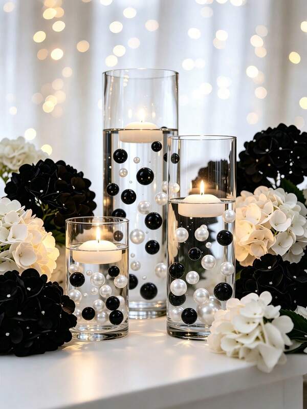 200/100g Faux Pearl Vase Filler Decor, No Hole Pearl Beads Vase Filler 10/16/20mm Mixed, Great For Floating Candles, Vase Accessories, Table Centerpiece, For Birthday, Wedding, Anniversary, Theme Party, Ambiance Setting, Room, Home Decor