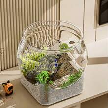 1pc Sturdy Transparent Round Fish Tank, Desktop Aquarium, Anti-Fall & Anti-Tip, Suitable For Turtles And Small Fish, Natural Stone Design, Versatile Indoor/Outdoor Decorative Fish Bowl - Multicolor - View 5