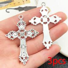 3/6pcs Large Gothic Cross Charms Vintage Filigree Flame Cross Pendants With Rhinestone For DIY Punk Bracelet Necklace Jewelry Making Findings - Silver - View 9