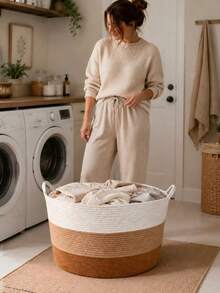 1pc Extra Large Hand-Woven Cotton Rope Laundry Basket, Bohemian Style White Beige Brown Round Striped Design, With Soft Handle, Foldable Large Capacity Clothes Storage Basket, Suitable For Bedroom, Laundry Room, Dorm, All Seasons - Multicolor - View 2