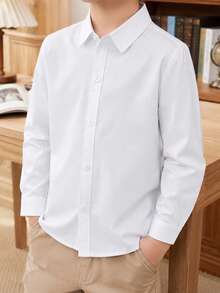Young Boy Classic College Style Casual Party Floral Pocket Patchwork Formal Dress Shirt, White, Long Sleeve - White - View 3
