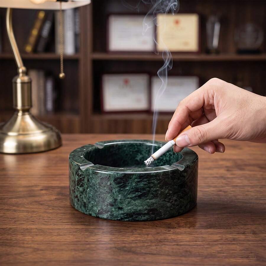 Natural Marble Peacock Green Round Ashtray, Luxury Living Room Office Coffee Table Decor, Business Gift - C-Green - View 1