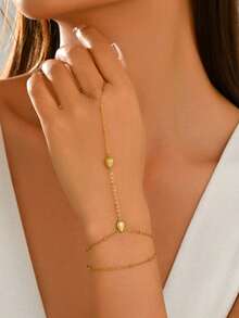1PC Women's Gold Stainless Steel Double Layer Beaded Water Drop Rhinestone Finger Chain Hand Back Jewelry Fashion 18K Gold Plated - Gold - View 1