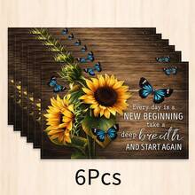 1pc Sunflower Blue Butterfly English Inspirational Quote Print Placemat, Vintage Wood Grain Rectangular Western Style Table Mat, Autumn Pastoral Country Style Table Decor, Kitchen Dining Room Home Desktop Decoration, Bowl Plate Cup Holder Mat - Multicolor - View 8