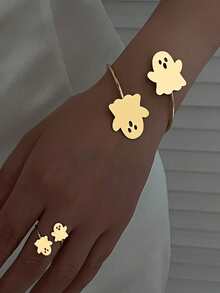 2pcs Line Pumpkin Ghost Bat Shaped Gold Metal Bracelet Ring Set, Minimalist Style Classic Luxury Party Holiday Jewelry - Yellow Gold - View 1
