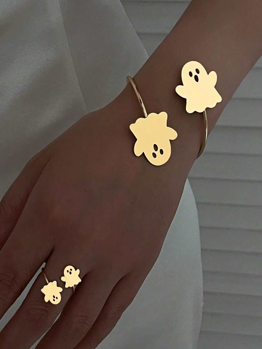 2pcs Line Pumpkin Ghost Bat Shaped Gold Metal Bracelet Ring Set, Minimalist Style Classic Luxury Party Holiday Jewelry - Yellow Gold - View 1