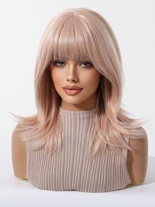 Topshe 16 Inch Light Pink & Silver Layered Cut Women's Wig With Bangs, Shoulder Length Straight Synthetic Fiber Wig, Heat Resistant Fashionable Hairstyle, Suitable For Halloween, Cosplay, Party, Costume Performance And Daily Wear - Multicolor - View 2