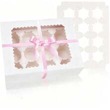 12-Cup Paper Cup Pastry Box, Paper Cup Holder Baking Carry Box, Suitable For Paper Cup Candy, Cookies, Muffins And Candy Bread Gift Box Packaging - White + Pink Ribbon [Set] - View 7